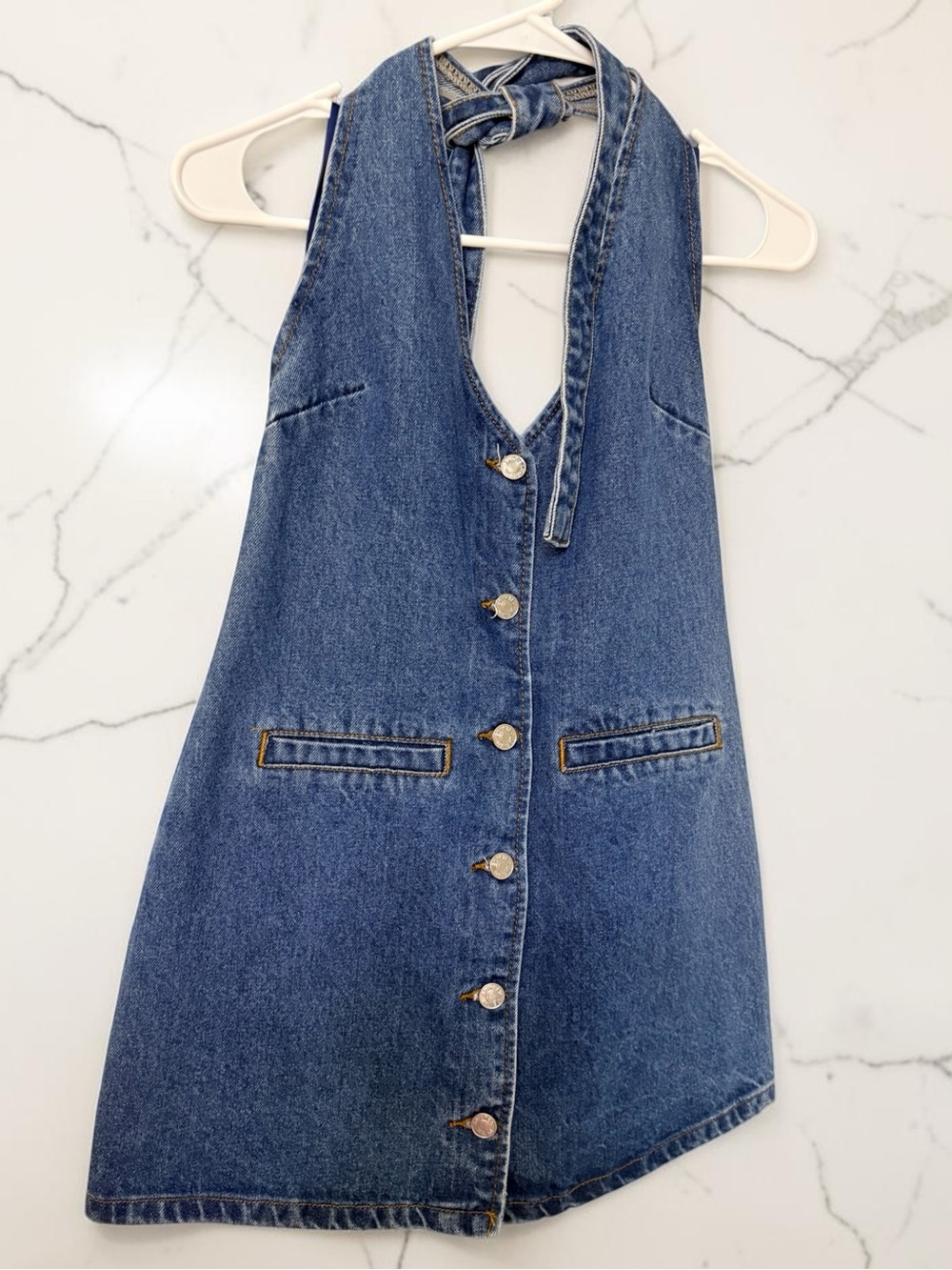 NWT Edikted Destinee Denim Halter Mini Dress Medium Front Button Open Back - Picture 10 of 14